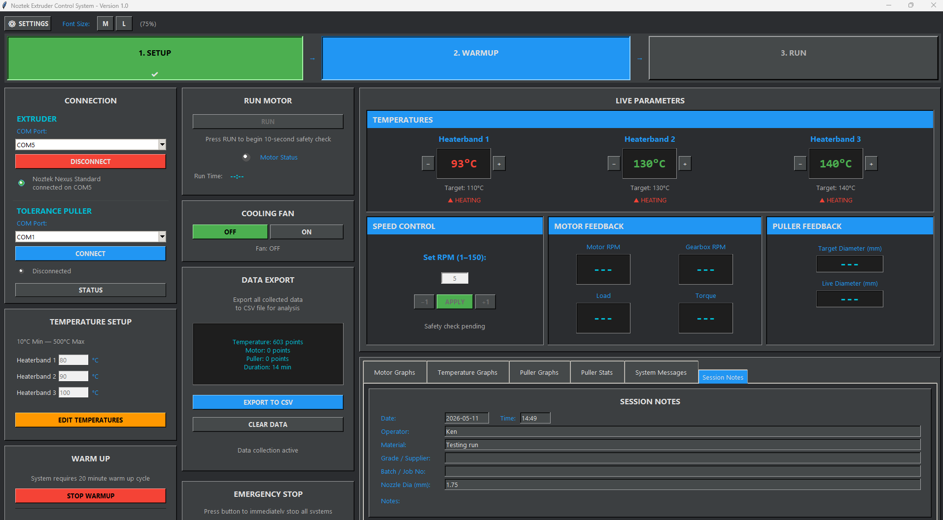 Noztek Controller live dashboard showing heaterband temperatures, motor feedback, and tolerance puller readouts